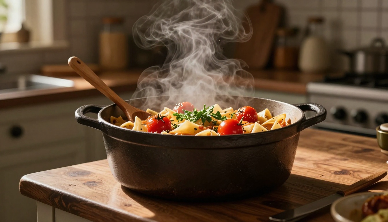 Steaming pasta with tomatoes and herbs in a cast-iron Dutch oven.