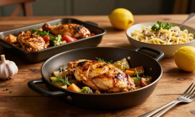 Three chicken dinners with vegetables, pasta, lemons, garlic, and herbs on a rustic table.