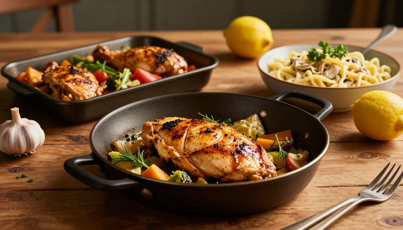 Three chicken dinners with vegetables, pasta, lemons, garlic, and herbs on a rustic table.