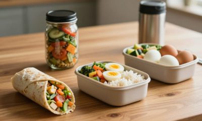 A bento box surrounded by a wrap, salad jar, eggs, fruit, and thermos.