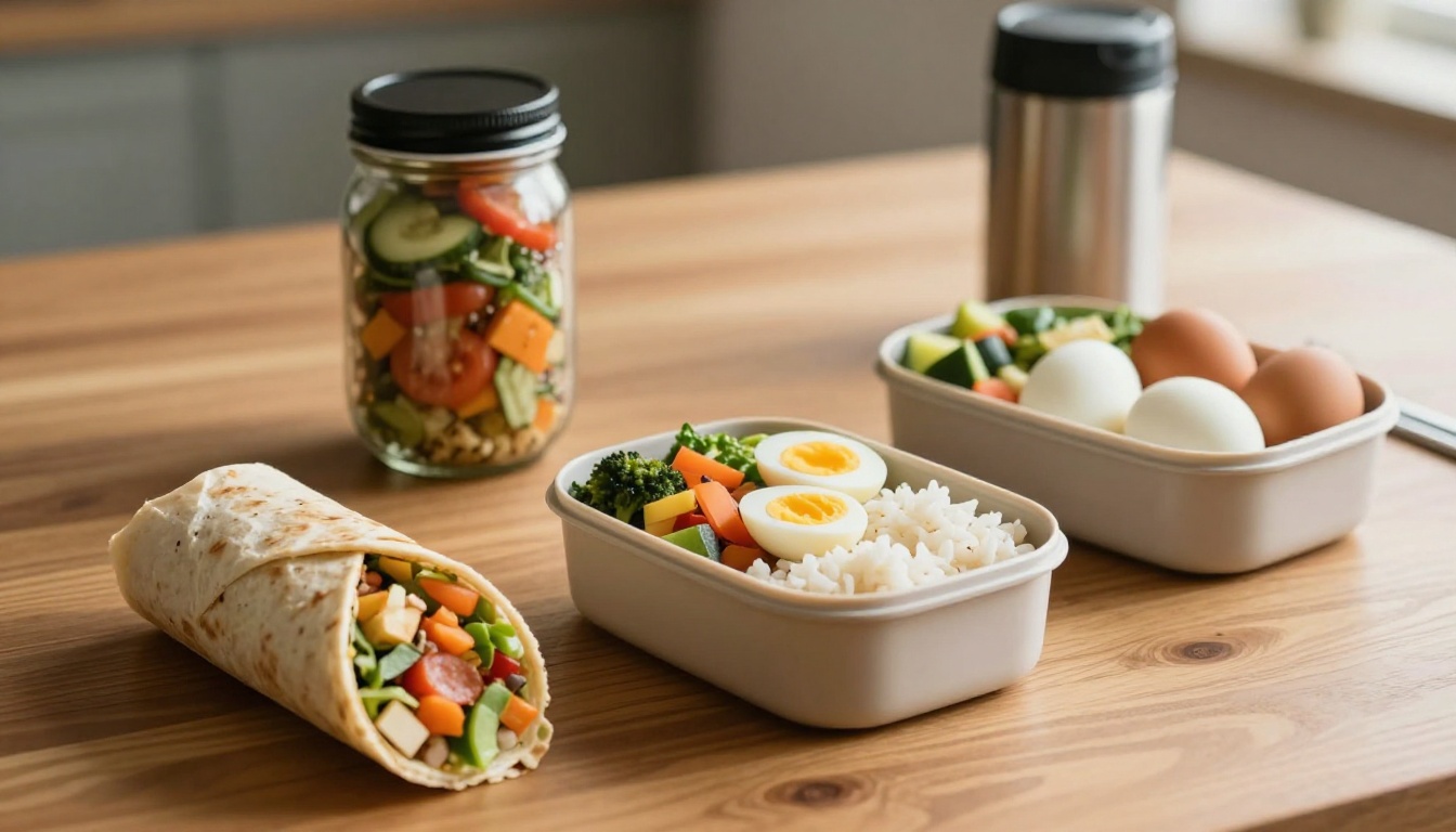 A bento box surrounded by a wrap, salad jar, eggs, fruit, and thermos.