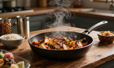 A steaming skillet of chicken and vegetables surrounded by rice, beans, and sauce.