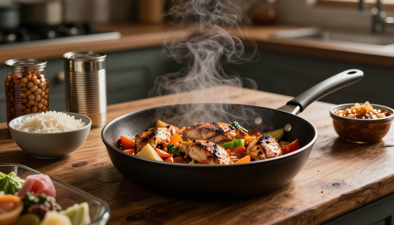 A steaming skillet of chicken and vegetables surrounded by rice, beans, and sauce.