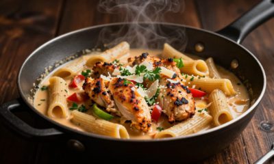 Skillet of creamy Cajun pasta topped with chicken, peppers, parsley, and Parmesan.