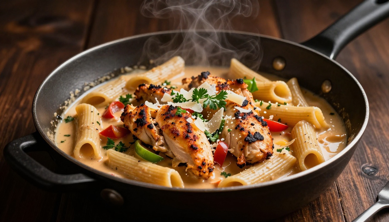Skillet of creamy Cajun pasta topped with chicken, peppers, parsley, and Parmesan.