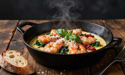 Creamy shrimp with spinach and sun-dried tomatoes in a skillet beside crusty bread.