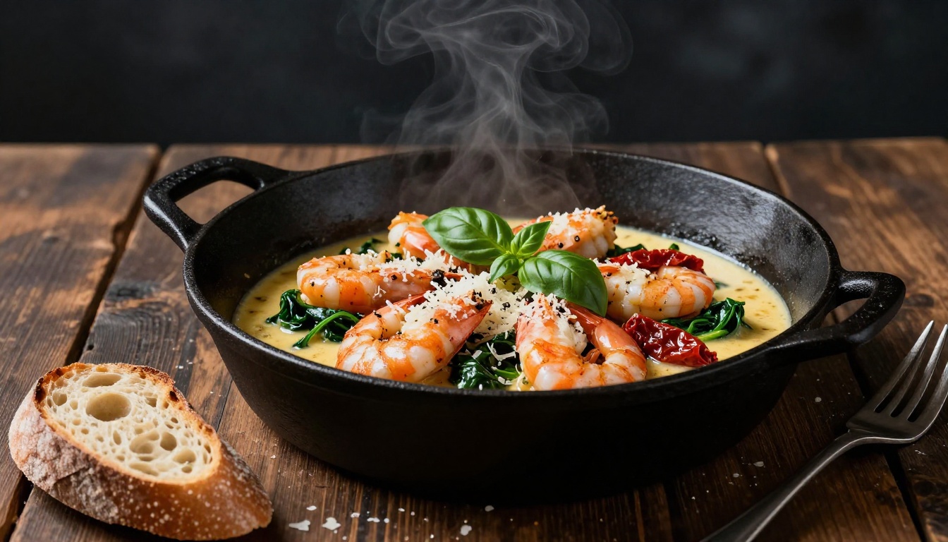 Creamy shrimp with spinach and sun-dried tomatoes in a skillet beside crusty bread.