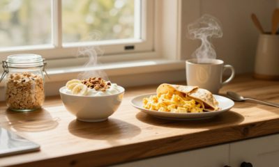 Sunlit counter with yogurt, eggs in a wrap, overnight oats, and steaming coffee.