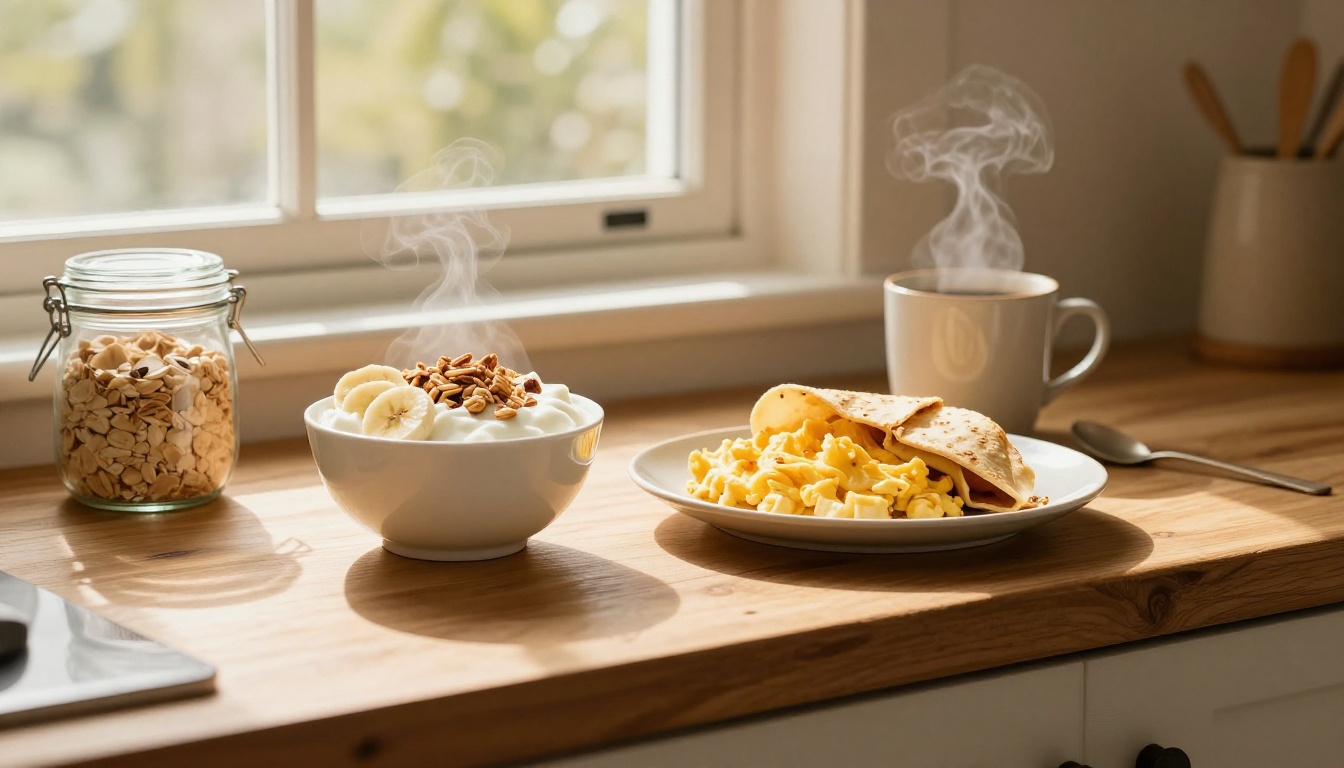 Sunlit counter with yogurt, eggs in a wrap, overnight oats, and steaming coffee.