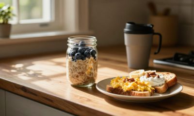 A jar of blueberry oats sits beside eggs, yogurt, toast, and a travel mug.