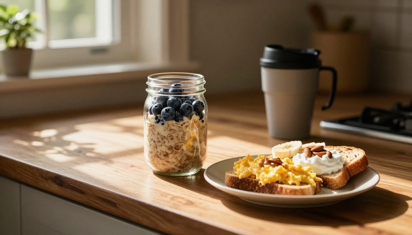 A jar of blueberry oats sits beside eggs, yogurt, toast, and a travel mug.