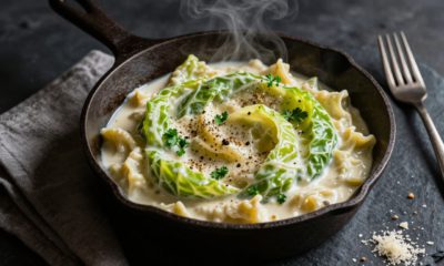 A skillet of creamy cabbage Alfredo topped with parsley and pepper on a dark slate surface.