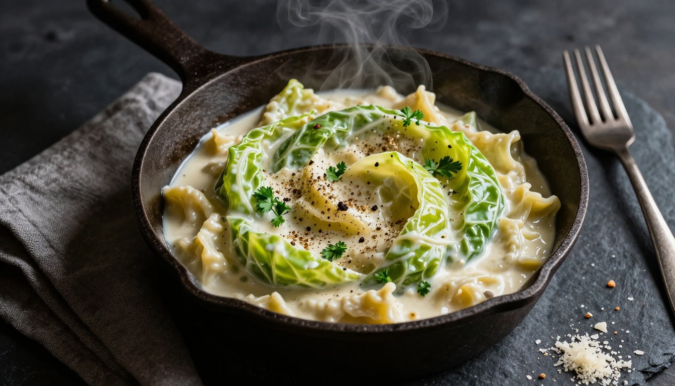 A skillet of creamy cabbage Alfredo topped with parsley and pepper on a dark slate surface.