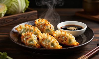Golden cabbage dumplings with savory filling and soy-ginger dipping sauce on a dark plate.