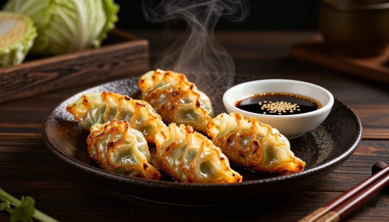 Golden cabbage dumplings with savory filling and soy-ginger dipping sauce on a dark plate.