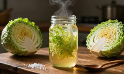 A jar of fermented cabbage sits beside cabbage, salt, and a wooden spoon.