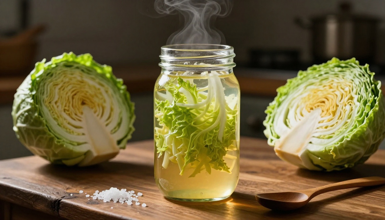 A jar of fermented cabbage sits beside cabbage, salt, and a wooden spoon.