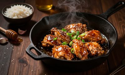 Honey garlic chicken in a skillet with rice, garlic, sesame seeds, and green onions.