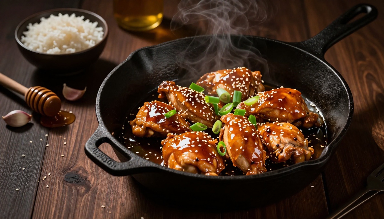Honey garlic chicken in a skillet with rice, garlic, sesame seeds, and green onions.