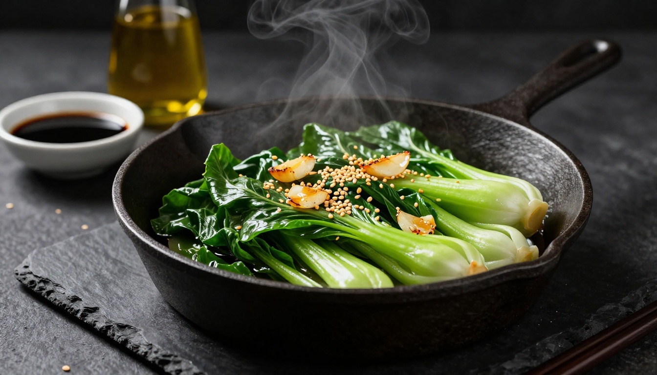 Sautéed baby bok choy with garlic and sesame in a cast-iron skillet.