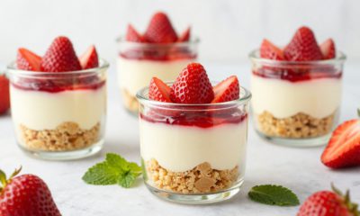 Glass jars layered with strawberry cheesecake, crumb topping, berries, and mint on marble.