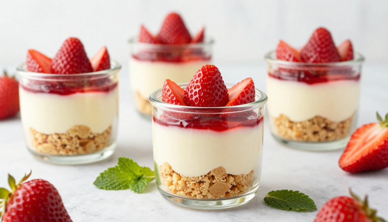 Glass jars layered with strawberry cheesecake, crumb topping, berries, and mint on marble.