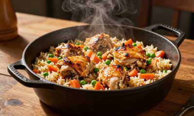 Steaming chicken thighs and vegetables rest on seasoned rice in a cast-iron Dutch oven.