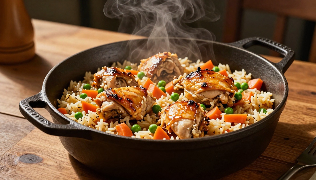 Steaming chicken thighs and vegetables rest on seasoned rice in a cast-iron Dutch oven.