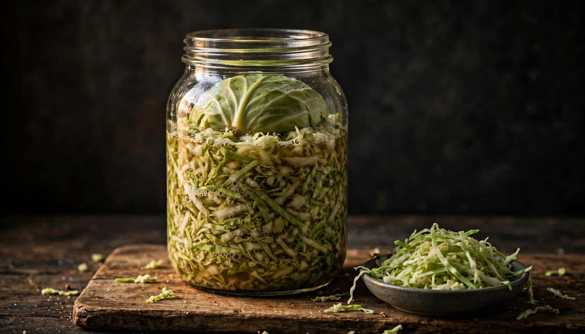 A jar of shredded cabbage in brine beside a bowl and wooden board.