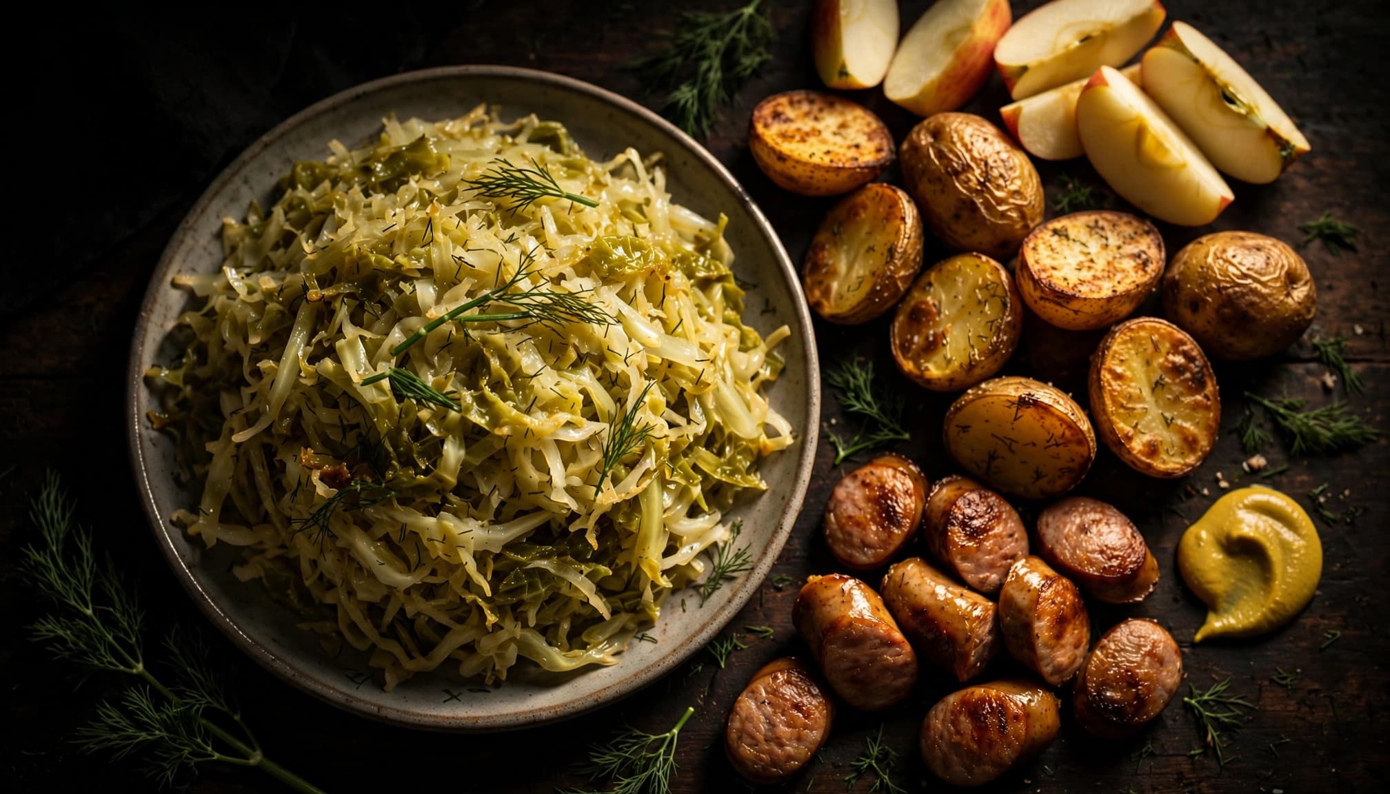 Fermented cabbage served with potatoes, sausage, mustard, apple, and dill.