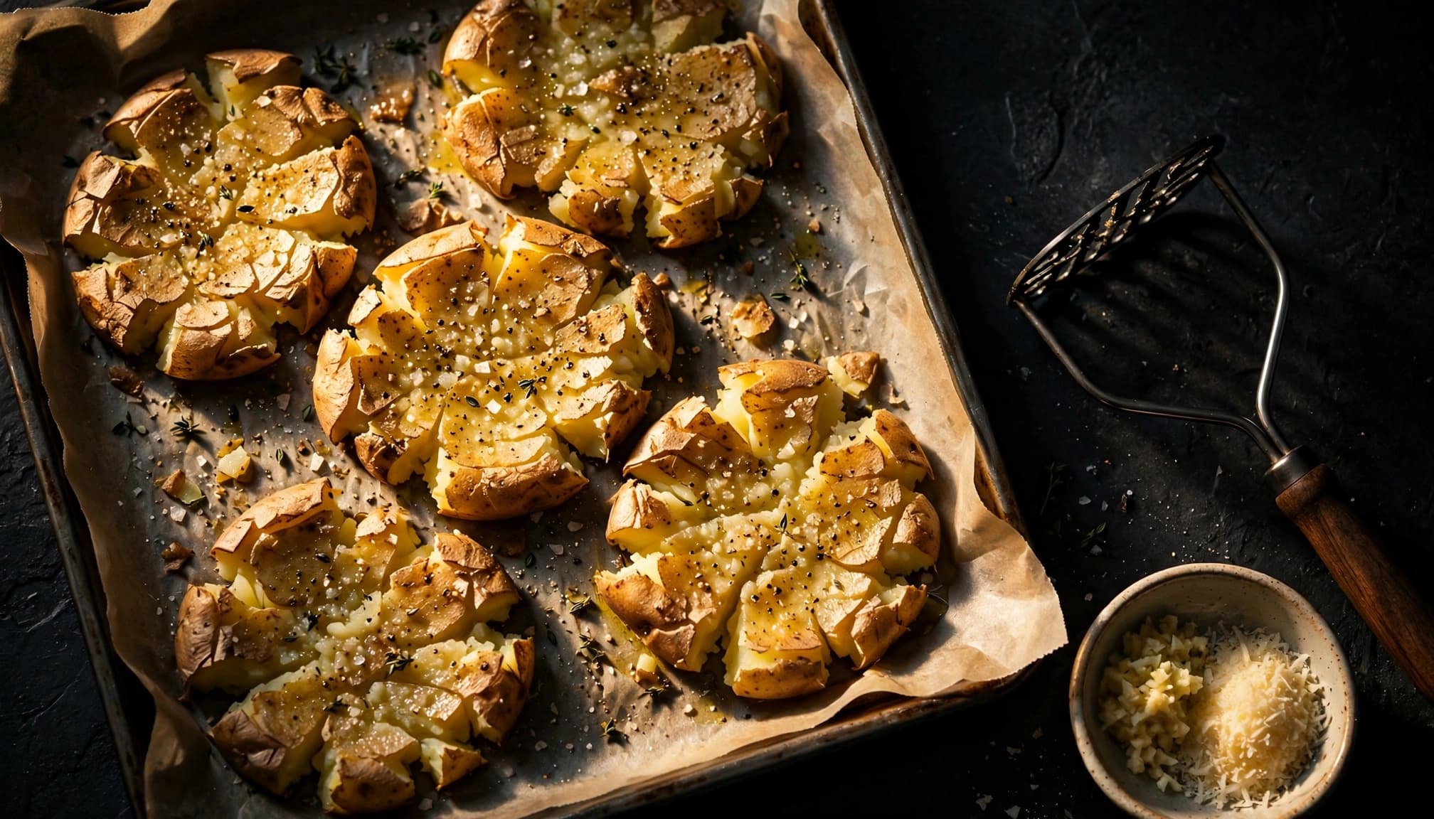 Flattened potatoes on parchment with a masher, garlic, and Parmesan nearby.