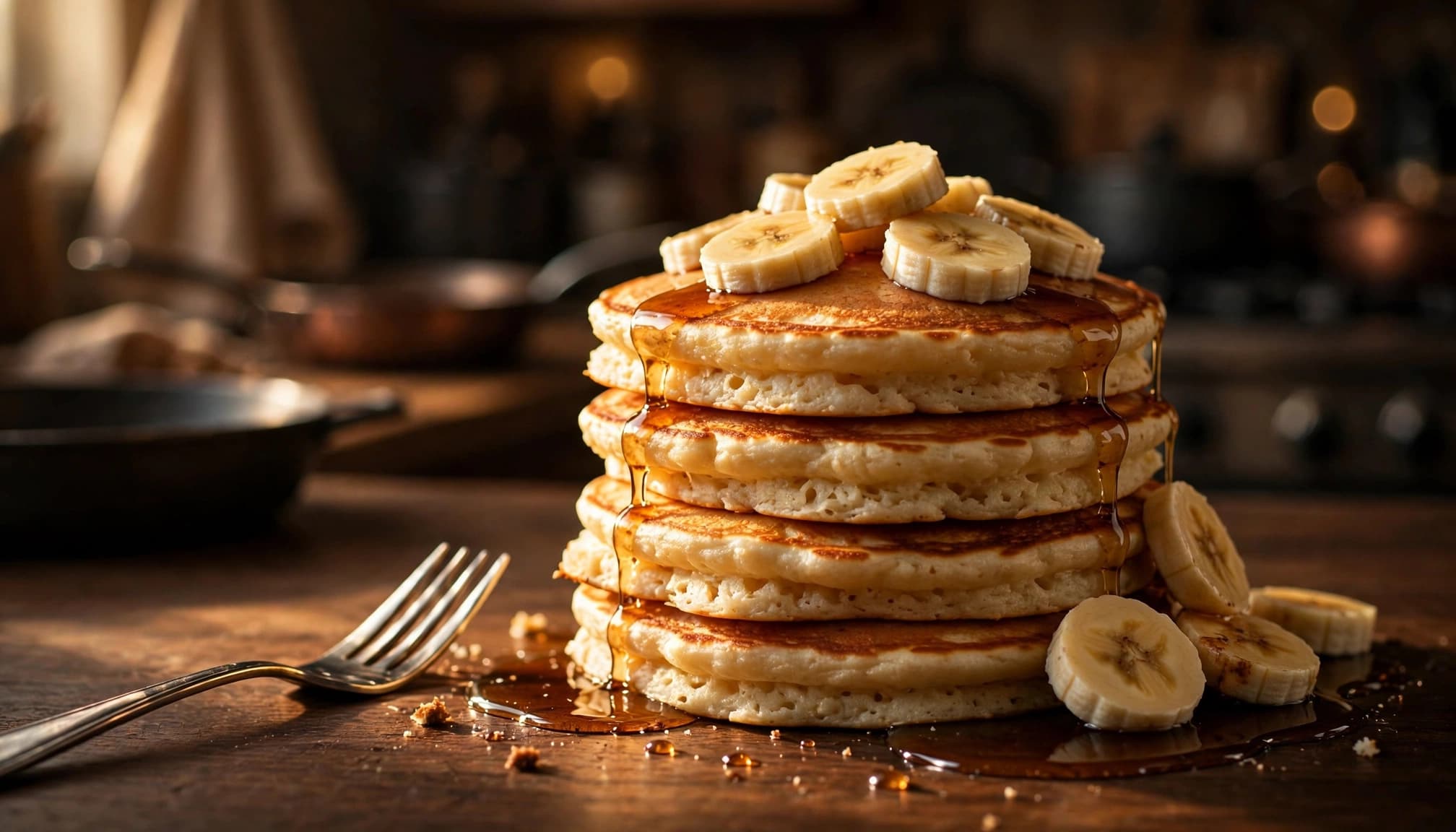 Fluffy banana pancakes topped with sliced banana and maple syrup beside a fork.