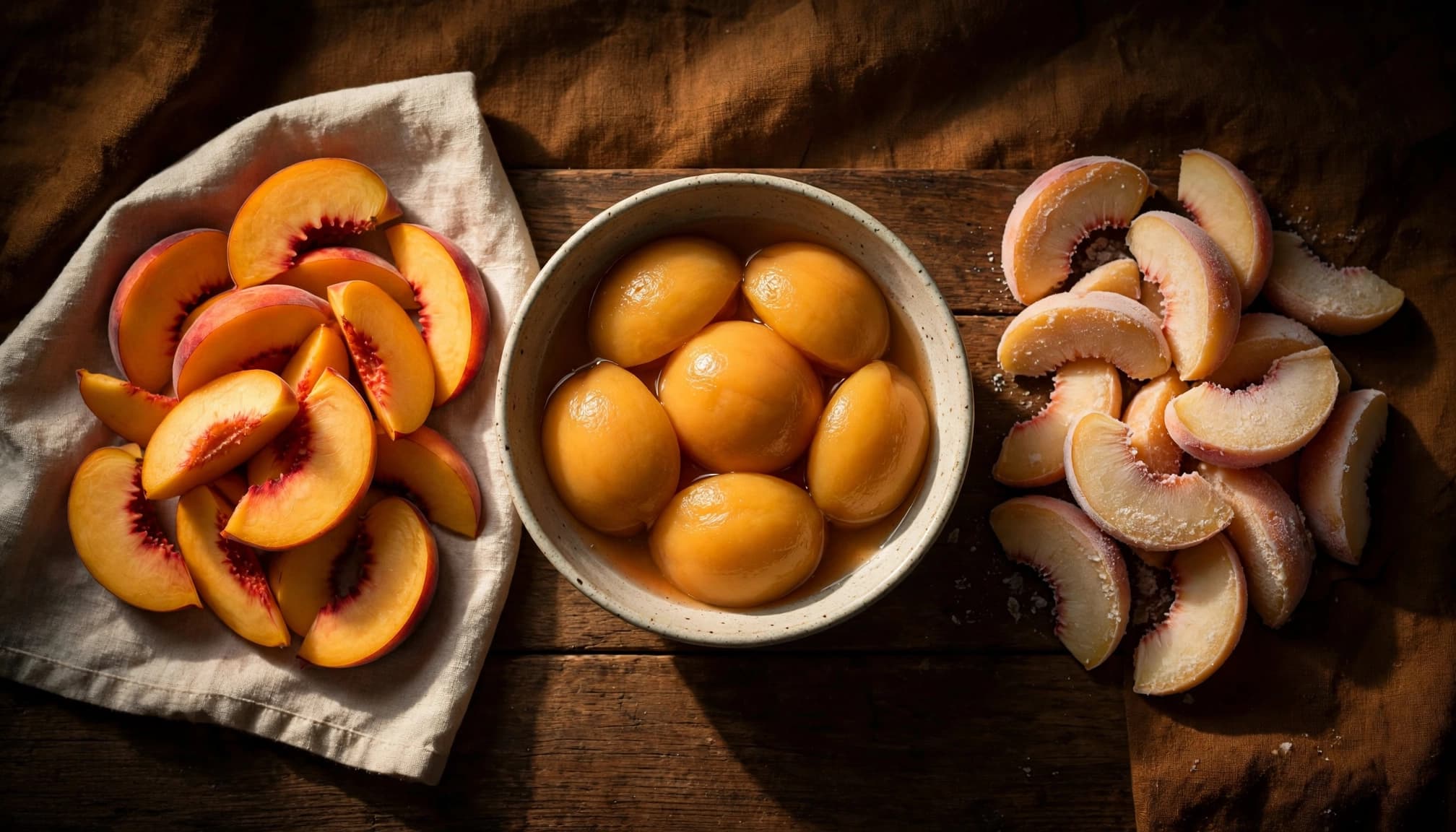Fresh, canned, and frozen peaches arranged separately on a wooden counter.