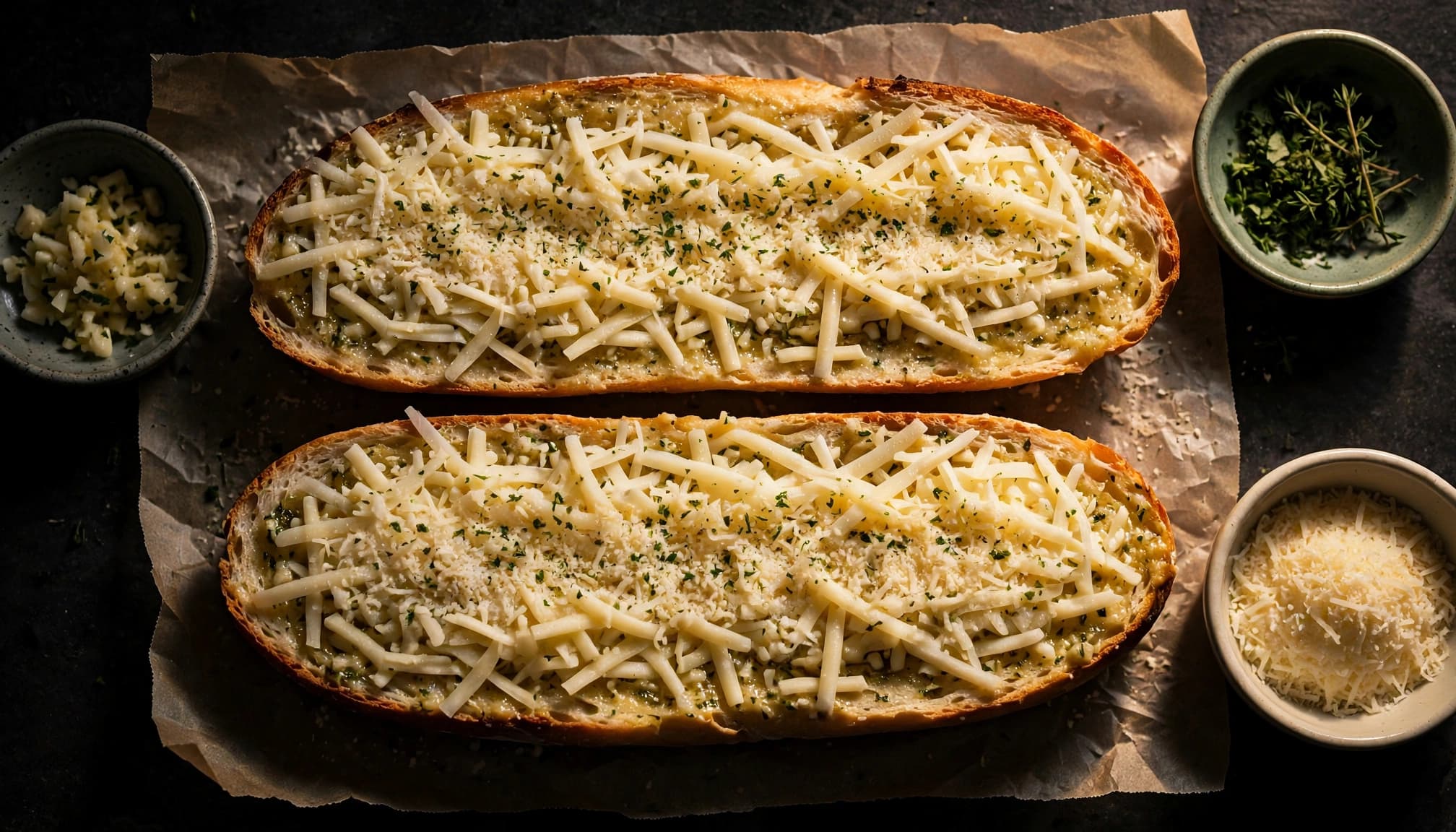 Bread halves topped with garlic-herb butter, mozzarella, and Parmesan on parchment.