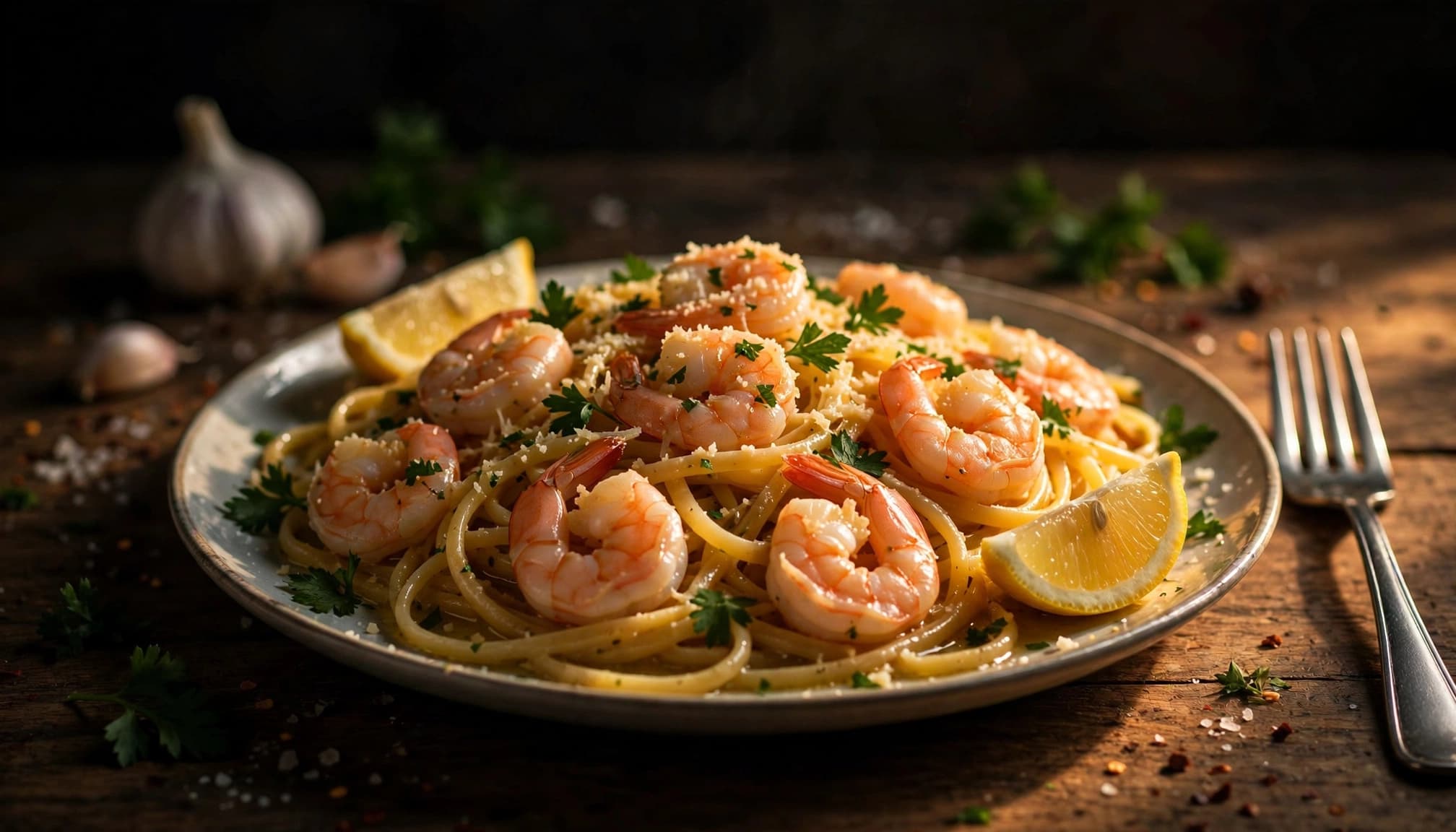 A plate of garlic shrimp linguine with parsley, lemon, and Parmesan on a dark table.