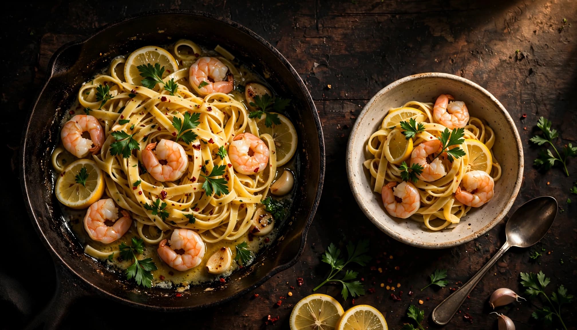 Skillet of shrimp pasta with lemon, parsley, and a bowl on a dark counter.