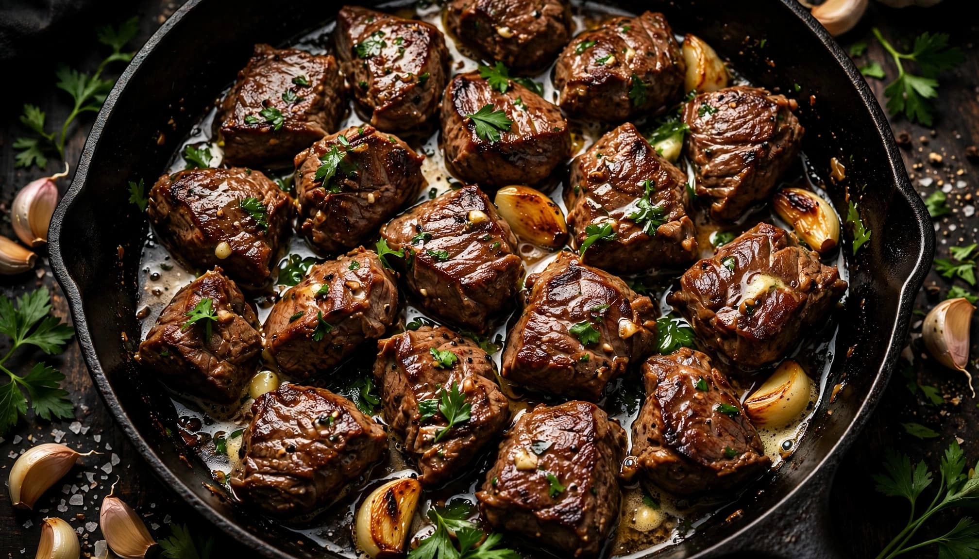 A skillet of browned garlic butter steak bites topped with parsley.