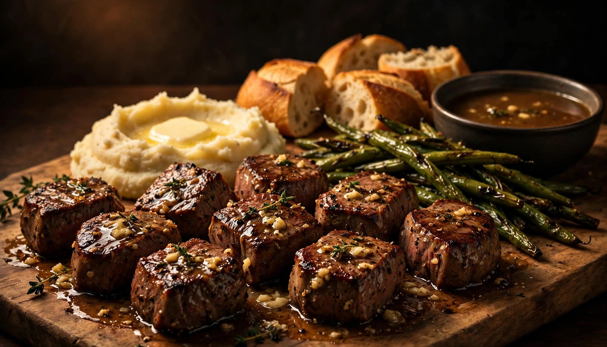 Steak bites with mashed potatoes, green beans, bread, and pan juices on a serving board.