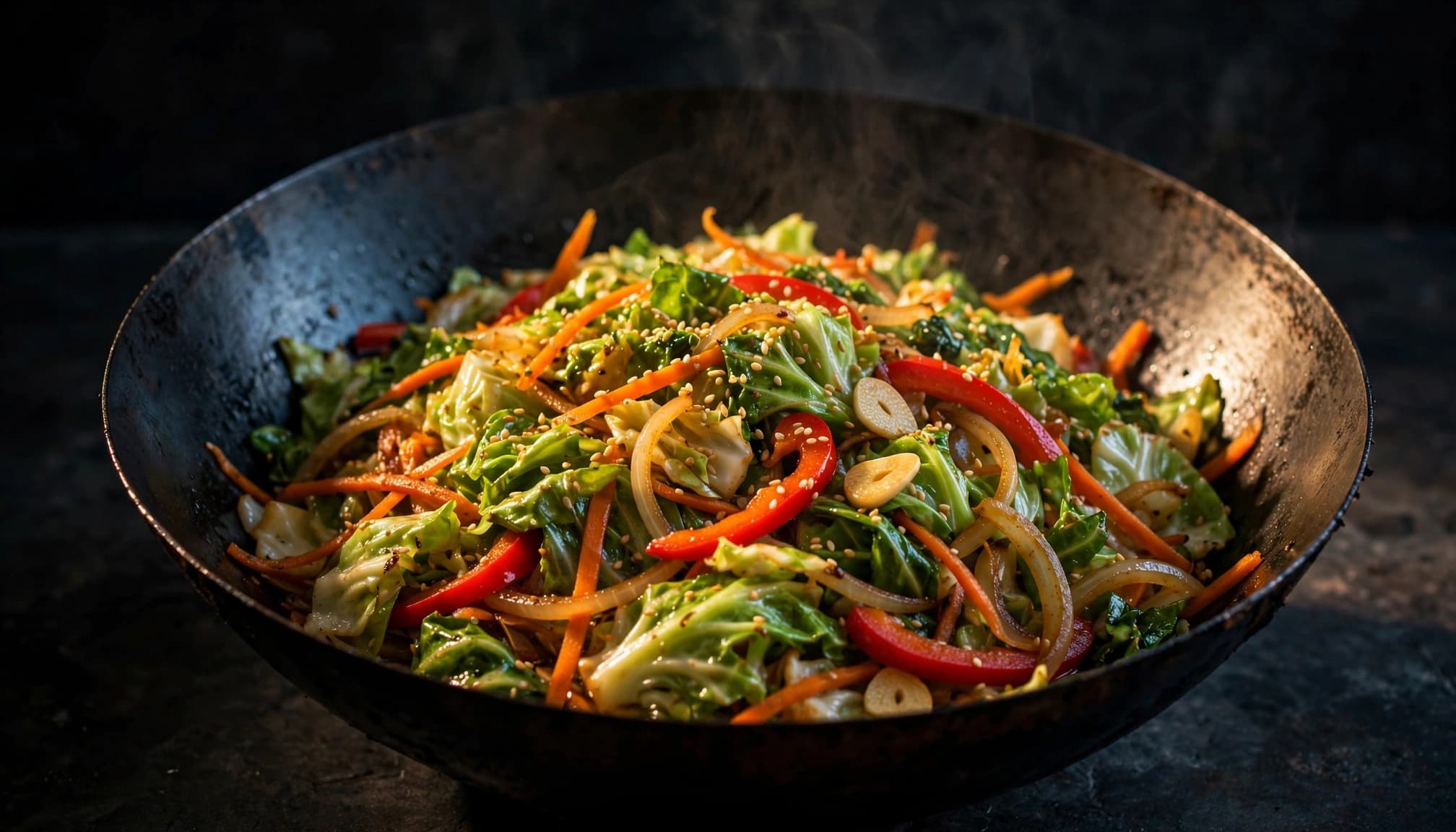 Colorful cabbage stir-fry with carrots, peppers, onions, and sesame in a dark wok.