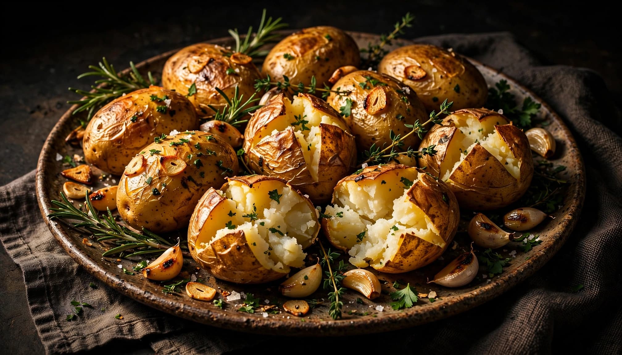 A platter of crispy roasted potatoes with garlic and fresh herbs on a dark table.