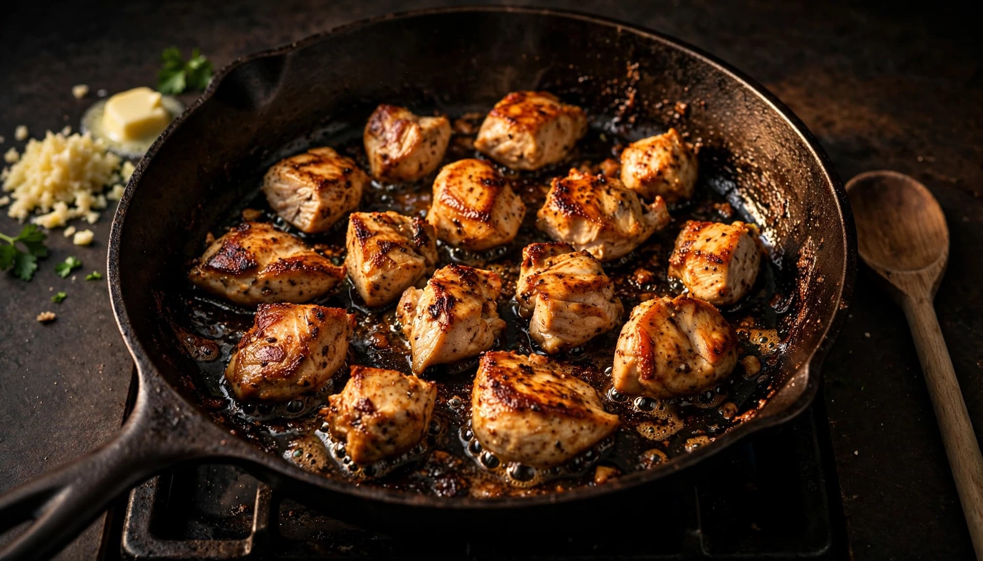 Chicken pieces browning with garlic and butter in a dark skillet.
