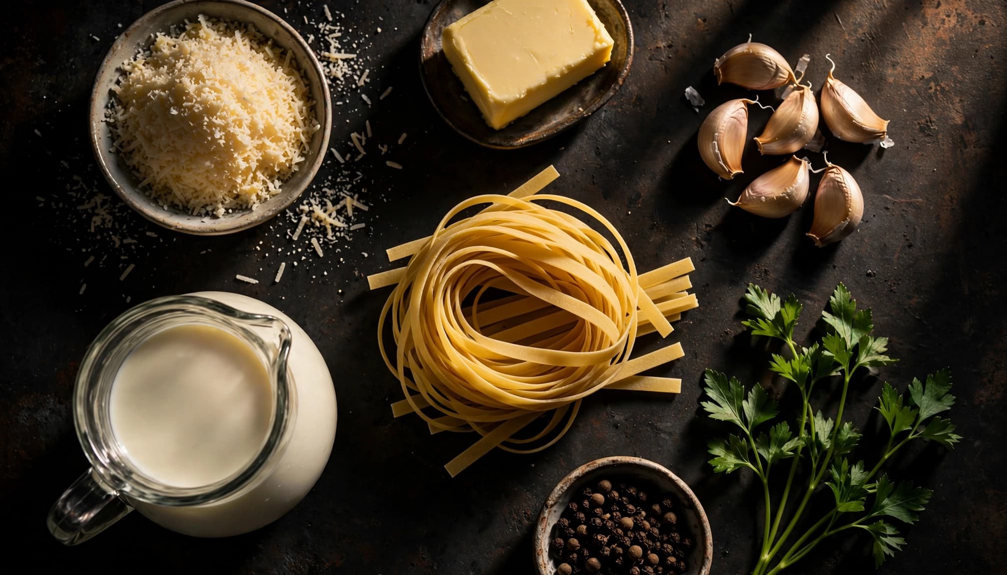 Pasta ingredients arranged on a dark counter, including Parmesan, garlic, cream, butter, and parsley.