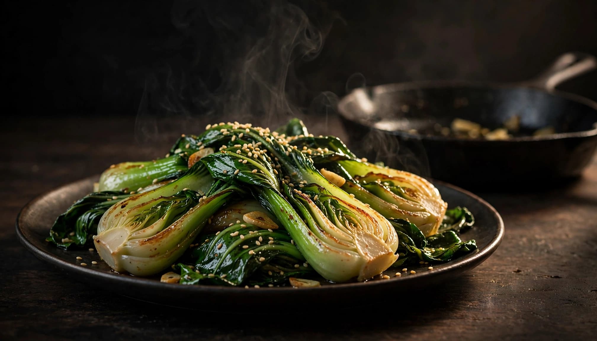 A plate of sautéed bok choy with garlic, sesame seeds, and steaming greens.