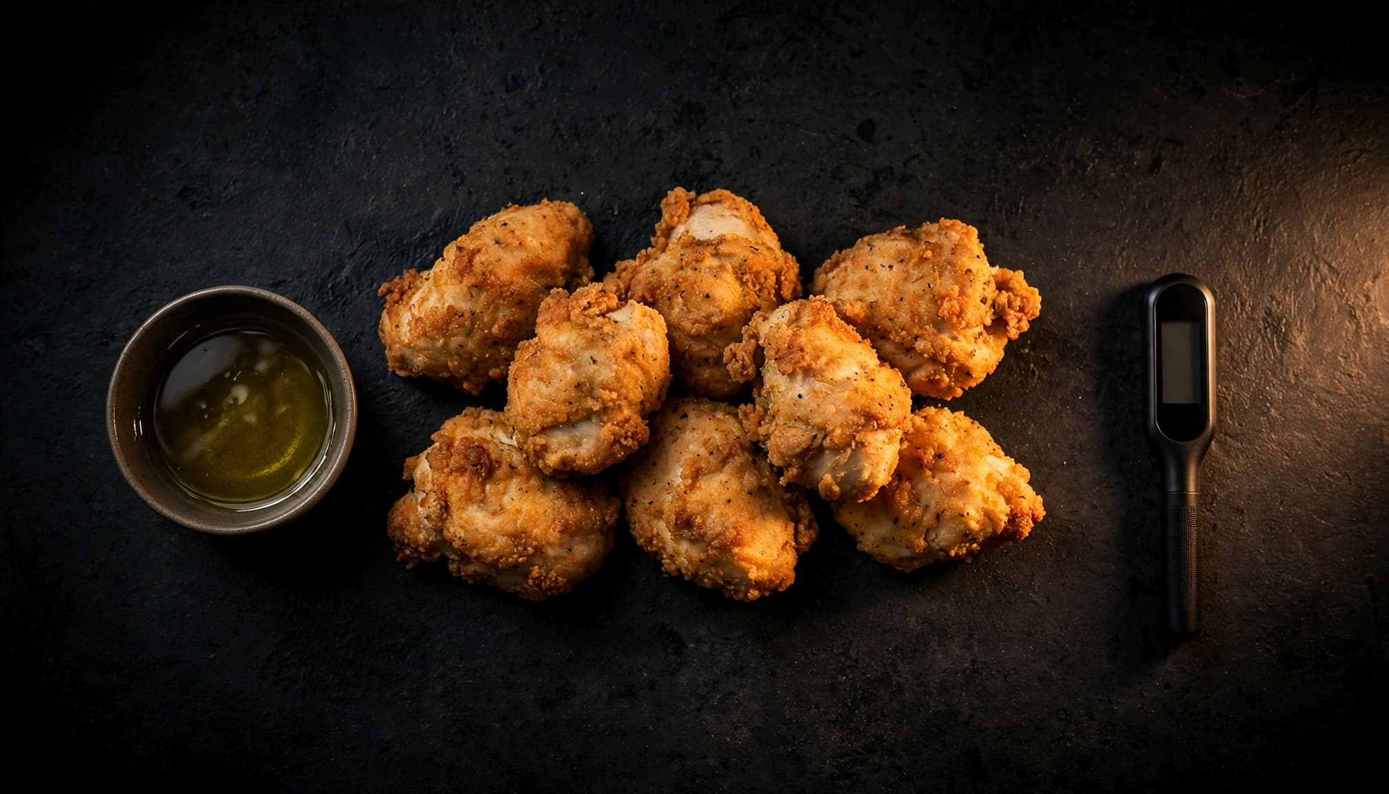 Golden chicken pieces sit beside a food thermometer and small bowl of oil.