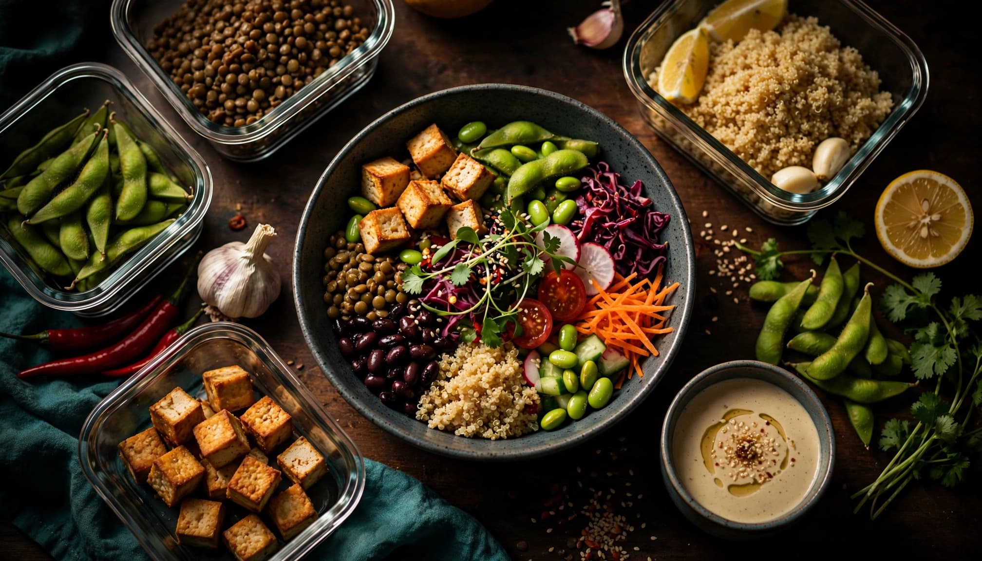 A colorful bowl of tofu, beans, grains, vegetables, and tahini dressing on a dark table.