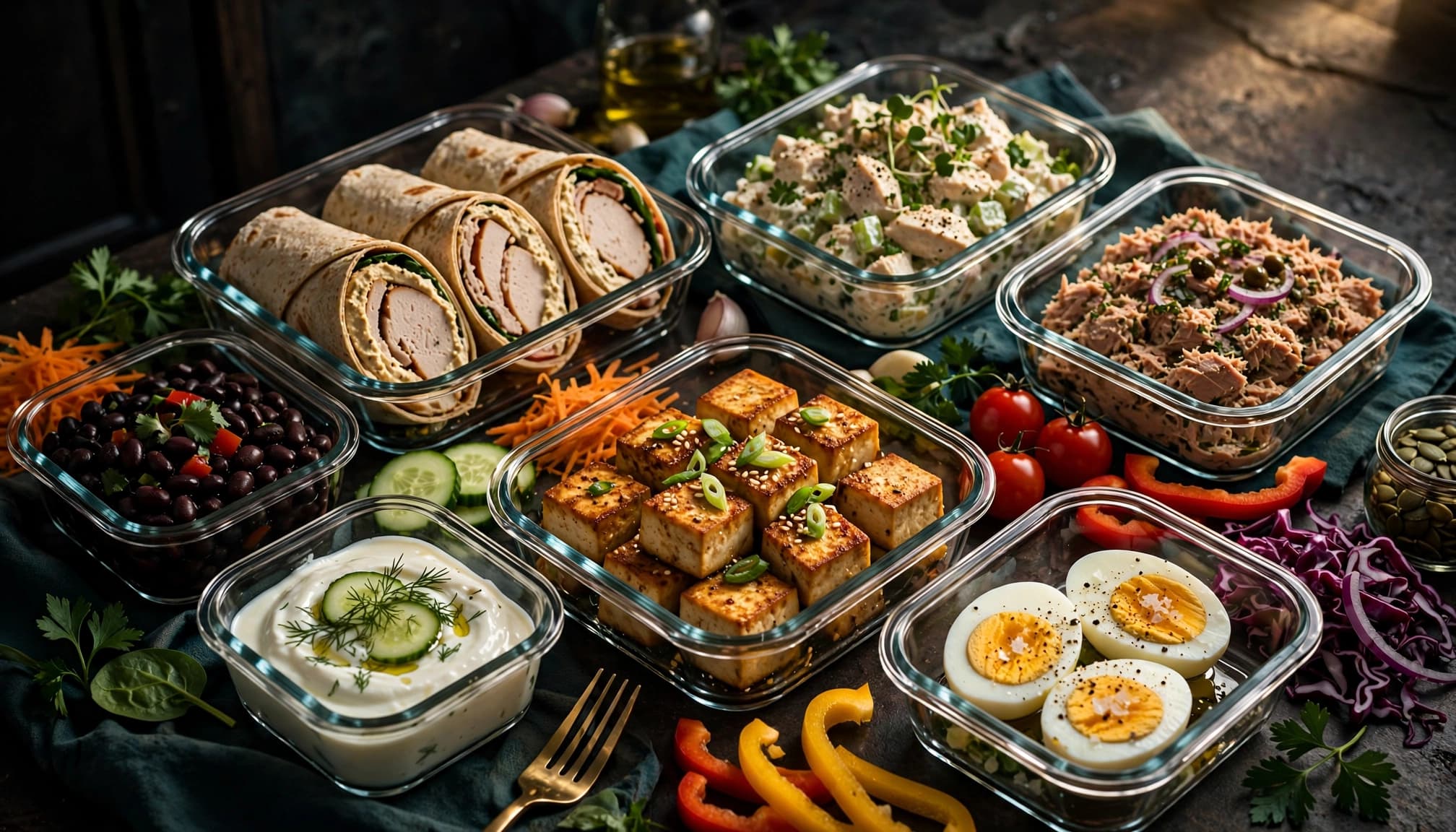 Meal-prep containers hold assorted high-protein lunches and colorful vegetables on a kitchen table.