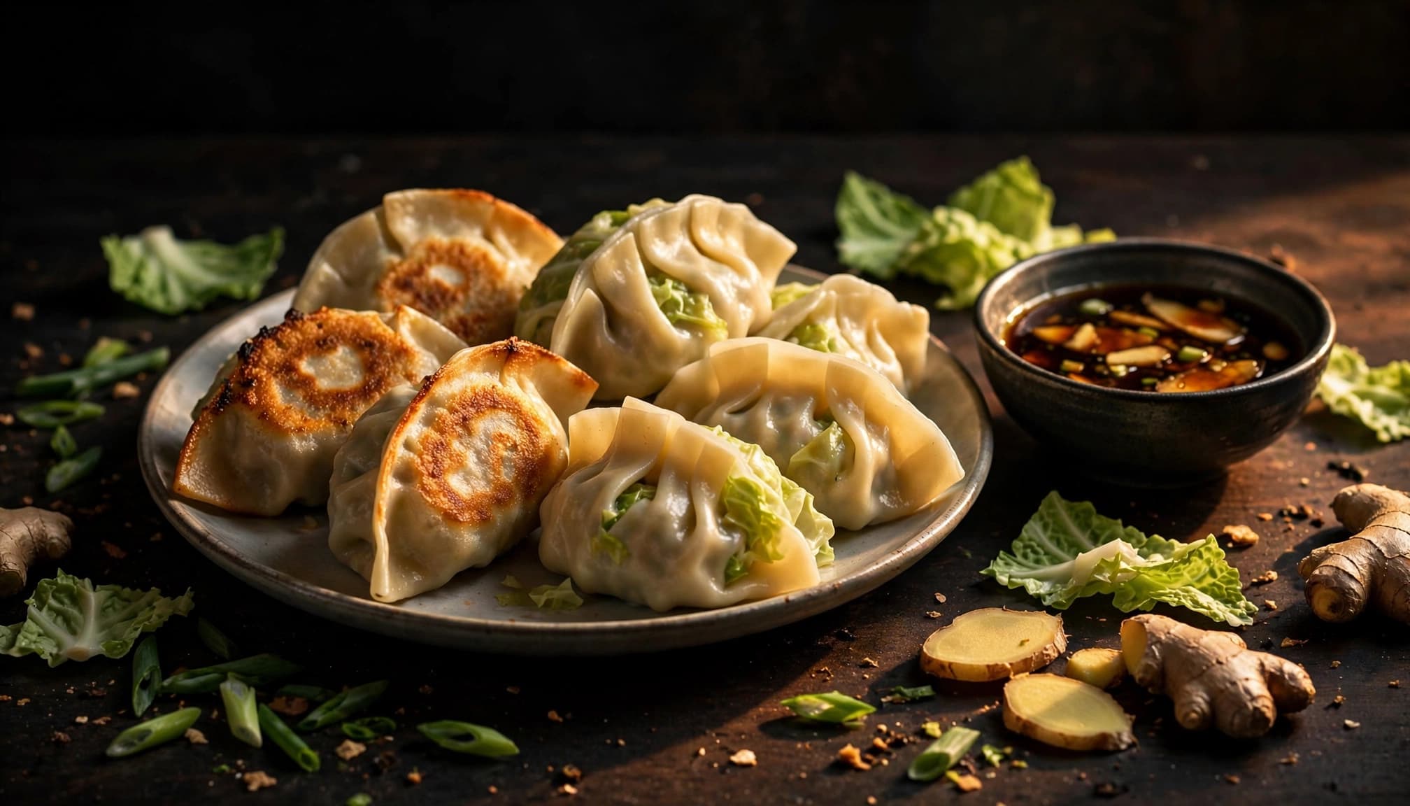 Cabbage dumplings with soy-ginger sauce on a dark kitchen table.