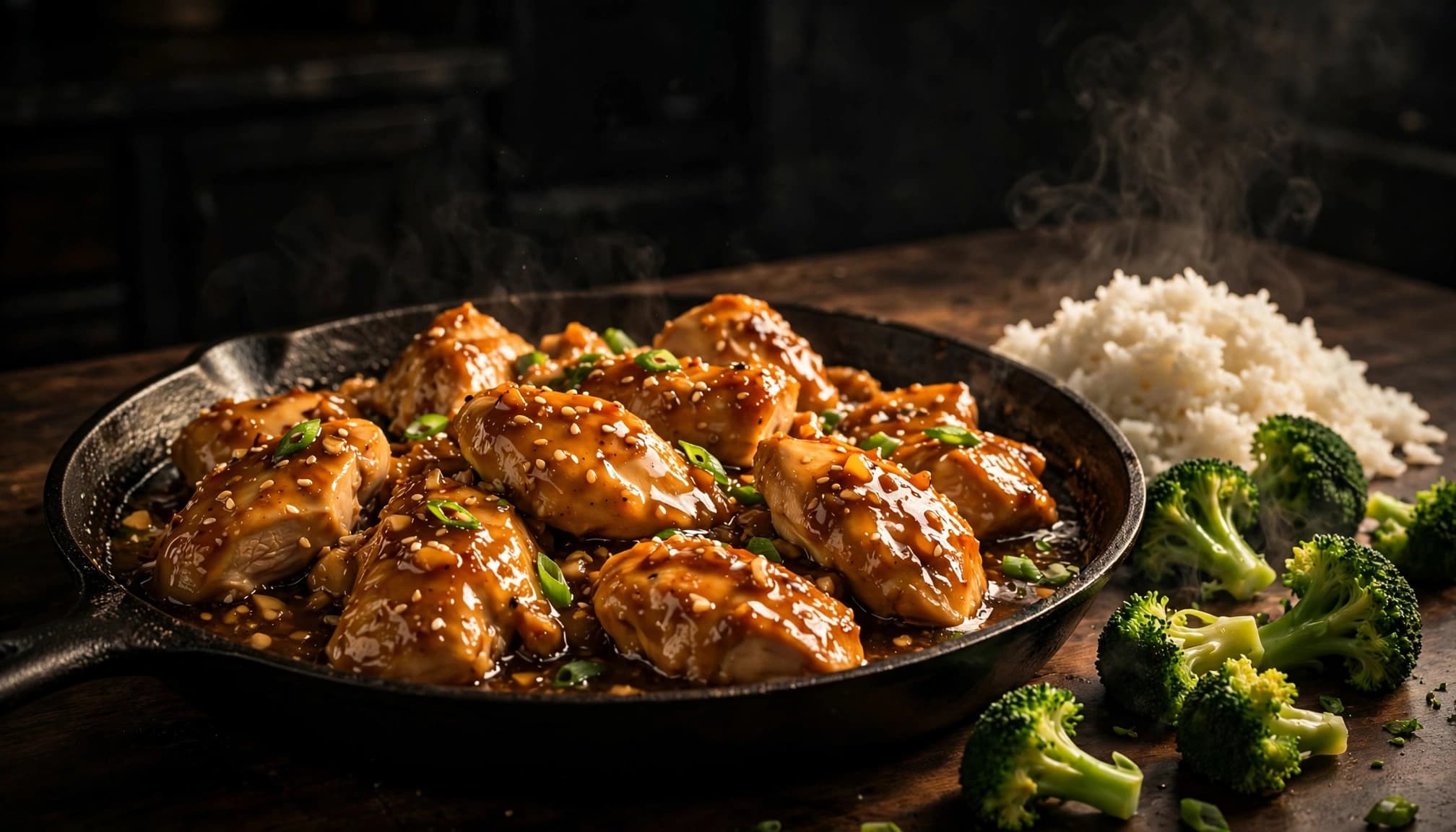 Golden honey garlic chicken in a skillet with broccoli and rice nearby.