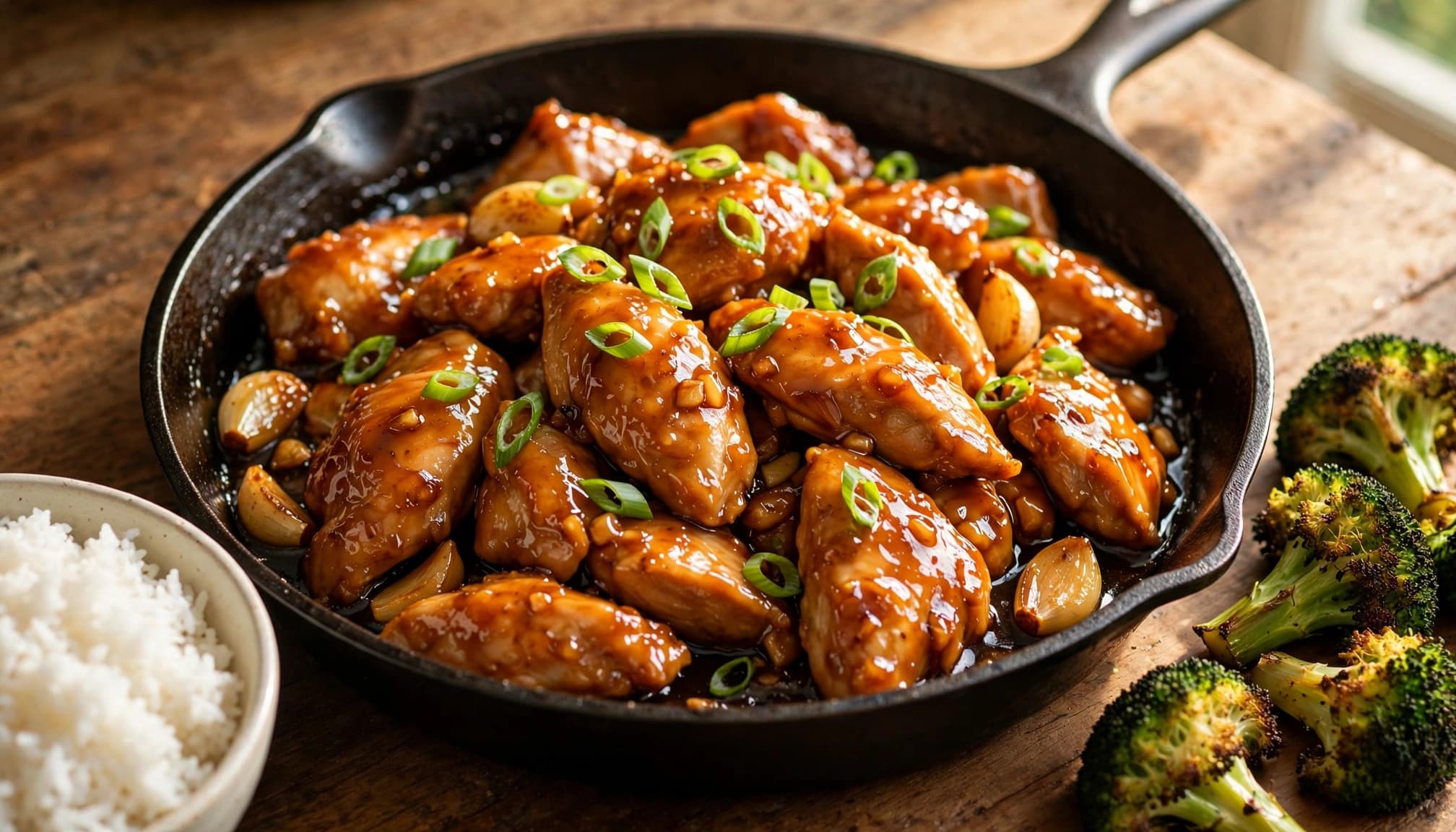 Glazed honey garlic chicken in a skillet with rice and roasted broccoli.