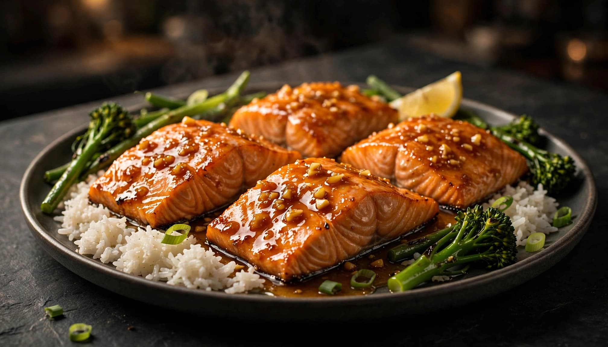 Four glazed salmon fillets served with rice, green vegetables, lemon, and green onions.